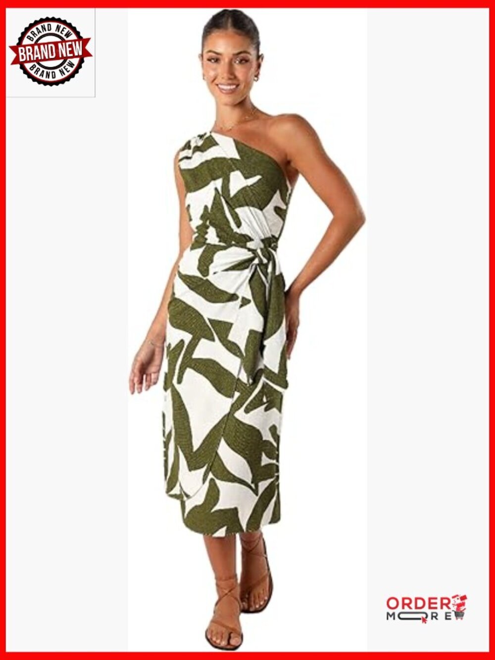 One Shoulder Midi Dress Sleeveless Floral A-Line Zipper